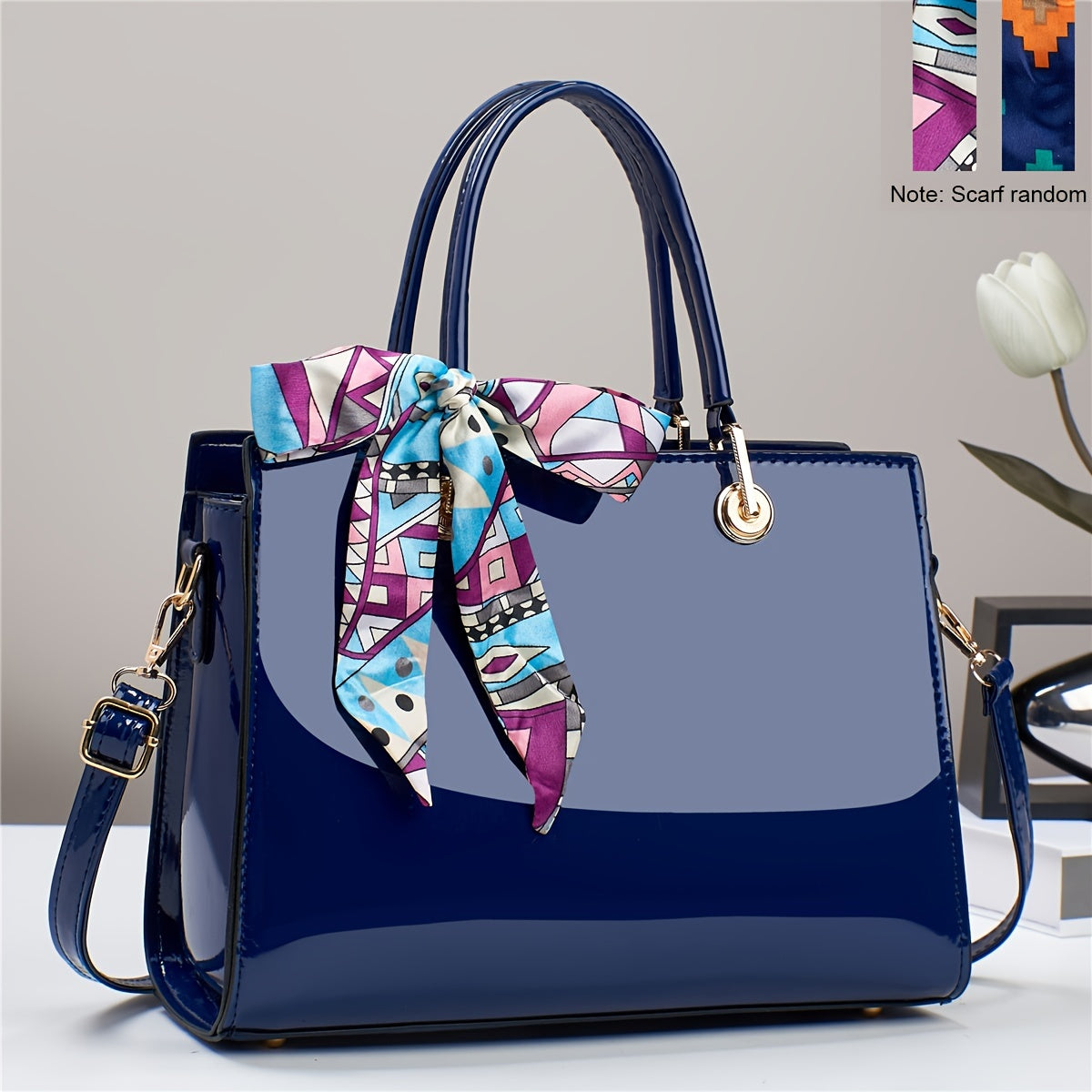 Fashion Bright PU Leather Handbag, Large Capacity Crossbody Bag, Women's Scarf Decor Satchel Purse