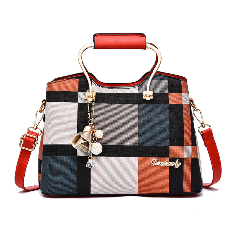 realaiot  Women's Colorblock Plaid Pattern Pendant Decor Shoulder Bag, Crossbody Bag, Handbag