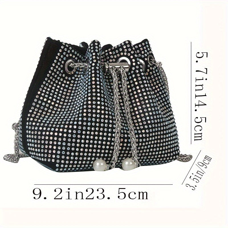 Rhinestone Decor Drawstring Bucket Bag, Glitter Mini Chain Bag, Women's Trendy Crossbody Bag