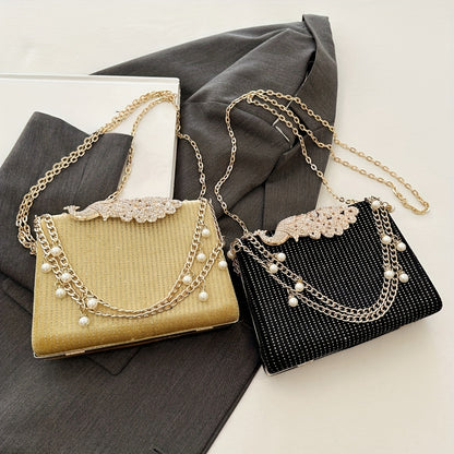 Luxury Rhinestone Evening Bag, Fashion Chain Banquet Handbag, Women's Box Clutch Purse For Wedding Party Prom