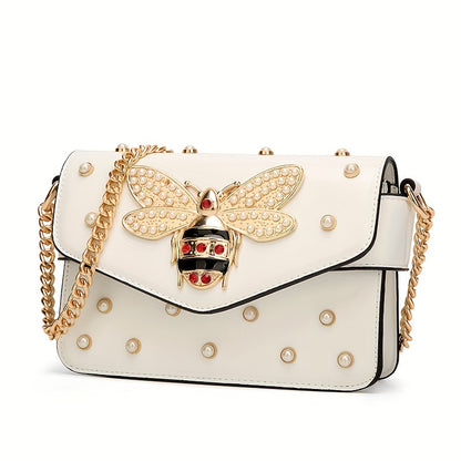 Trendy Bee Crossbody Bag, Faux Pearl Decor Square Purse, Women's Chain Shoulder Bag