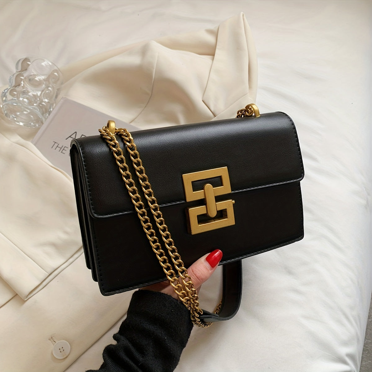 realaiot  Minimalist Classic Crossbody Bag, Square PU Leather Flap Purse, Women's Casual Handbag & Shoulder Bag