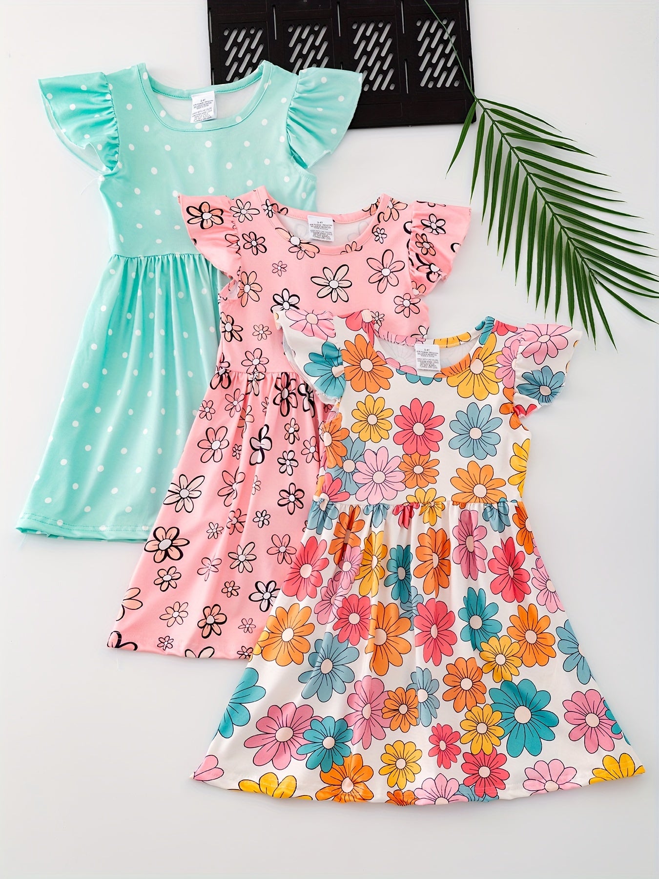 3pcs Girls Summer Floral Ruffle Dress Set - Adorable Print, Playful Ruffles, Lightweight Short Sleeves for Stylish Outfits