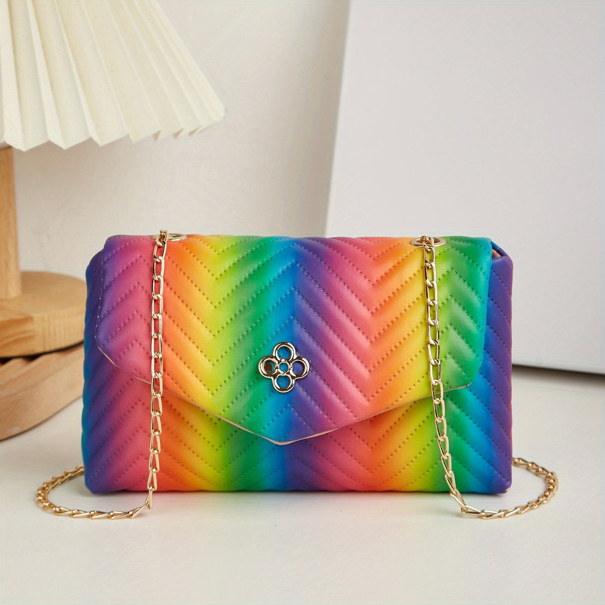 Chevron Quilted Crossbody Bag, Rainbow Design Square Purse, Fashion Chain Shoulder Bag