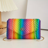 Chevron Quilted Crossbody Bag, Rainbow Design Square Purse, Fashion Chain Shoulder Bag