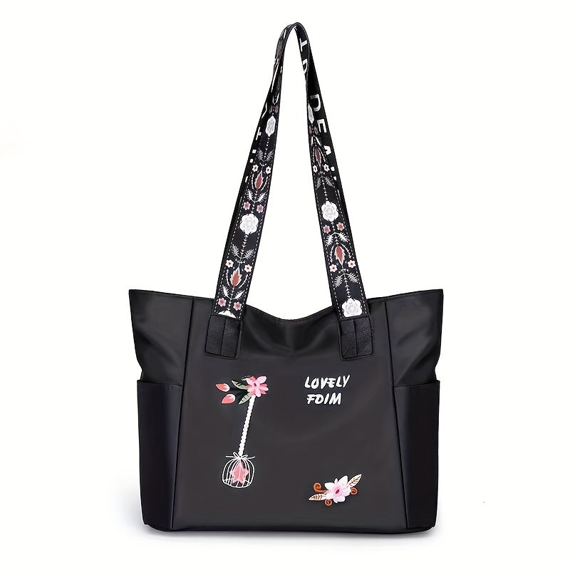realaiot  Flower Print Large-capacity Tote Bag, Trendy Shoulder Bag For Work, Zipper Handbag With Flower Print Shoulder Straps
