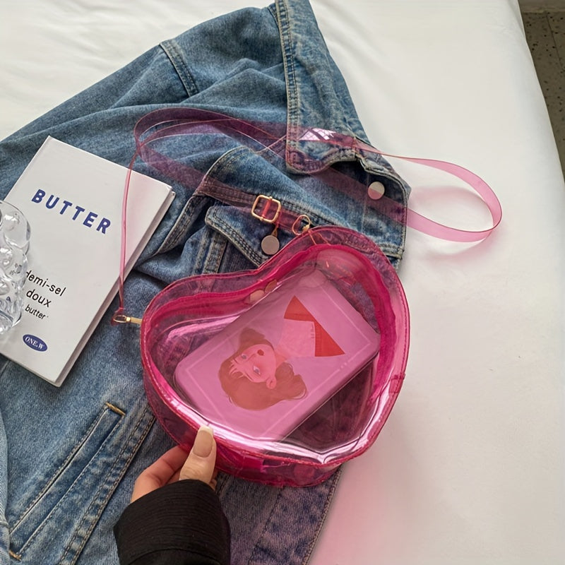 realaiot Trendy Waterproof Heart Shape Crossbody Bag, Cute Transparent Simple Phone Lipstick Bag, Casual Shoulder Bag For Daily Use