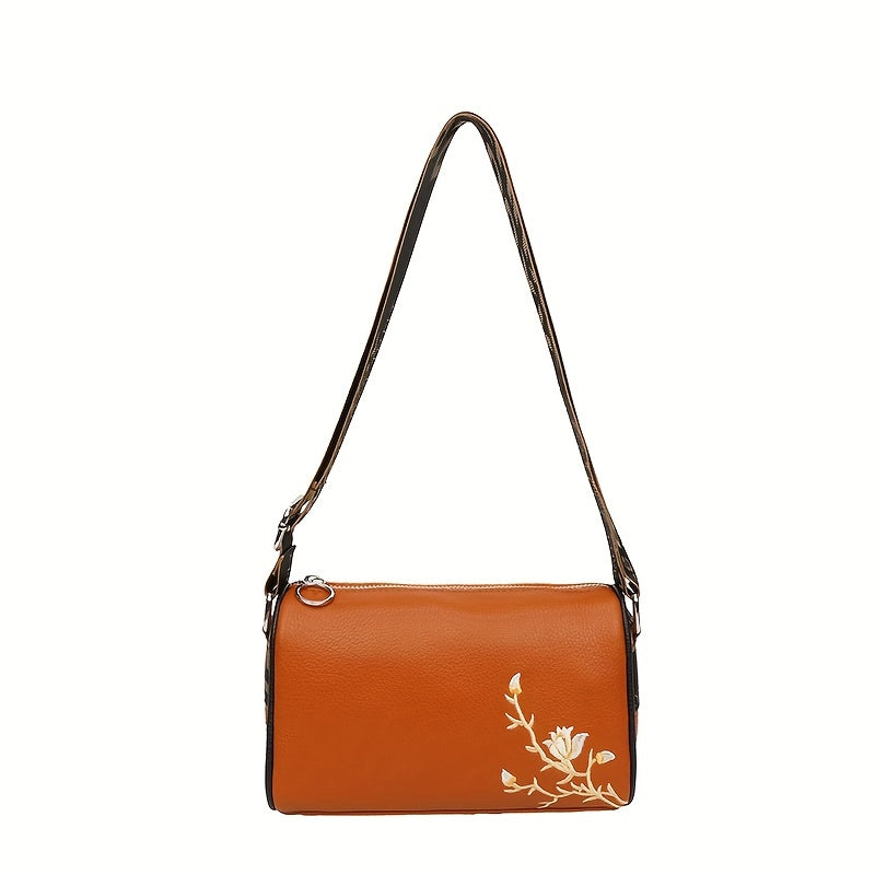 realaiot  Retro Embroidered Flower Purses, Wide Strap Crossbody Bag, Women's PU Leather Boston Bag