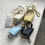 realaiot  Mini Scarf Decor Bucket Bag, Elegant PU Crossbody Bag, Women's Fashion Handbag & Shoulder Purse (12.5cm X 16.99cm X 12.5cm)