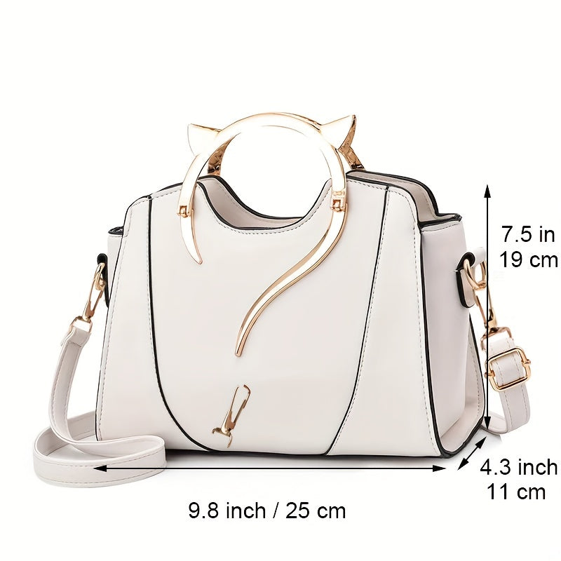 realaiot  Cat Shape Handle Zipper Bag, Versatile Solid Color Shoulder Purse, Stylish Crossbody Bag With Removable Strap