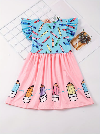 Toddler Girls Ruffle Trim Colorful Crayon Graphic Princess Dress For Back To School Season Party, Cute Kids Summer Clothes