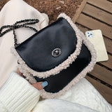 realaiot  Black Plush Mini Square Chain Bag, Turn-Lock Flap Shoulder Bag, All-Match Women's Texture Handbag