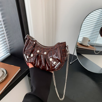 realaiot  Luxury Chain Crossbody Bag, Punk Style Rivet Crescent Bag, Fashion Mini Shoulder Purse