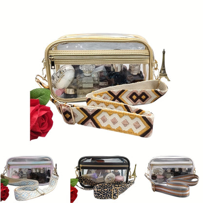 Transparent Square Crossbody Bag, PVC Clear Embroidery Wide Strap Cosmetic Bag Purse, Versatile Fashion Shoulder Bag