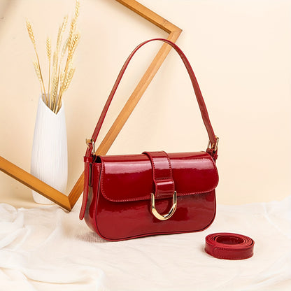 realaiot  Fashion Glossy Crossbody Bag, Patent Leather PU Square Purse, Elegant Red Shoulder Bag For Women