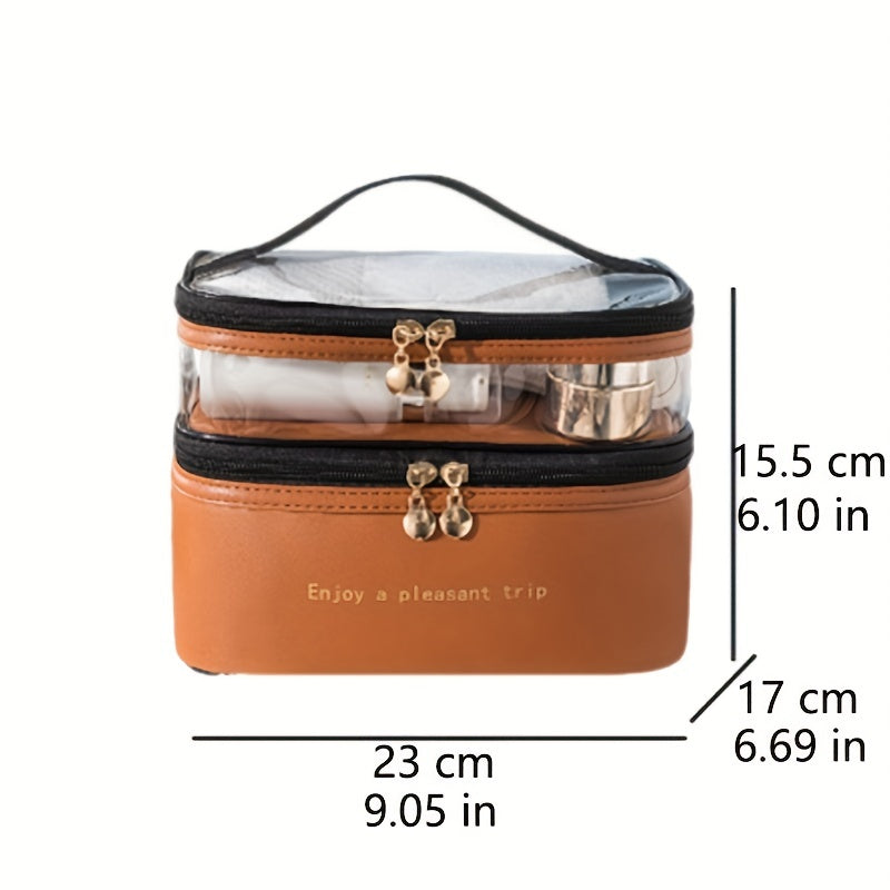 realaiot  Large Capacity Double-layer Cosmetic Bag, PU Transparent Portable Travel Storage Bag Toiletry Bag