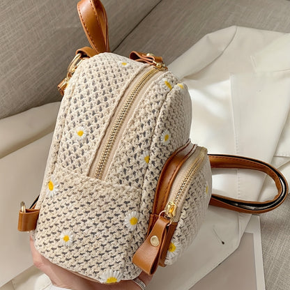 realaiot  Daisy Embroidery Small Backpack, Straw Woven Storage Daypack Summer Vacation Backpack