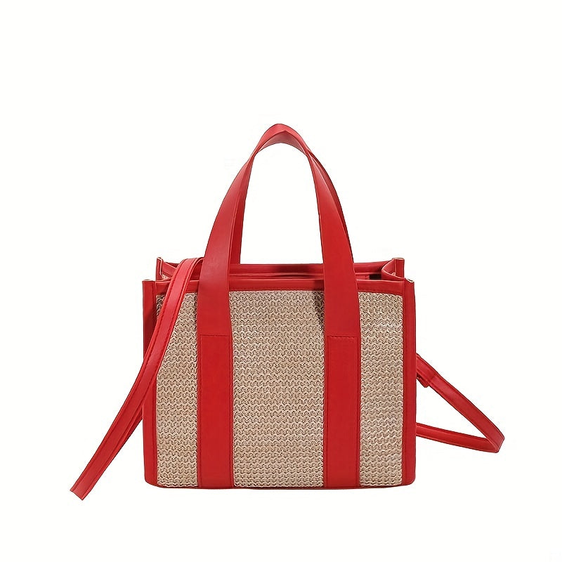 Fashion Straw Woven Tote Bag, Casual Colorblock Crossbody Bag, Boho Style Handbags For Travel Beach Holiday