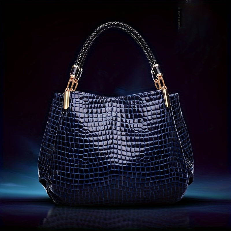 Elegant Crocodile Pattern Handbags, Patent Faux Leather Shoulder Bag, Fashion Ruched Office & Work Purses