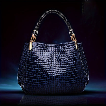 Elegant Crocodile Pattern Handbags, Patent Faux Leather Shoulder Bag, Fashion Ruched Office & Work Purses