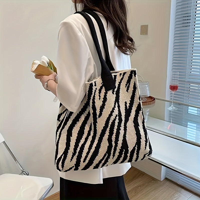 realaiot  Stylish Zebra Pattern Shoulder Bag, All-Match Knitted Handbag, Women's Casual Daily Use Bag