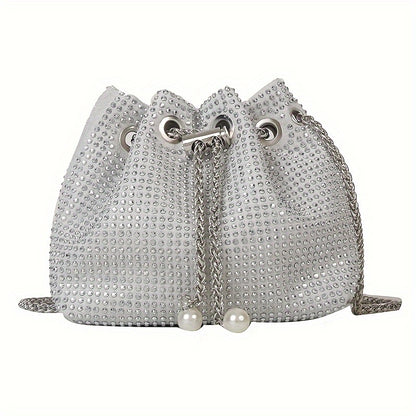 Rhinestone Decor Drawstring Bucket Bag, Glitter Mini Chain Bag, Women's Trendy Crossbody Bag