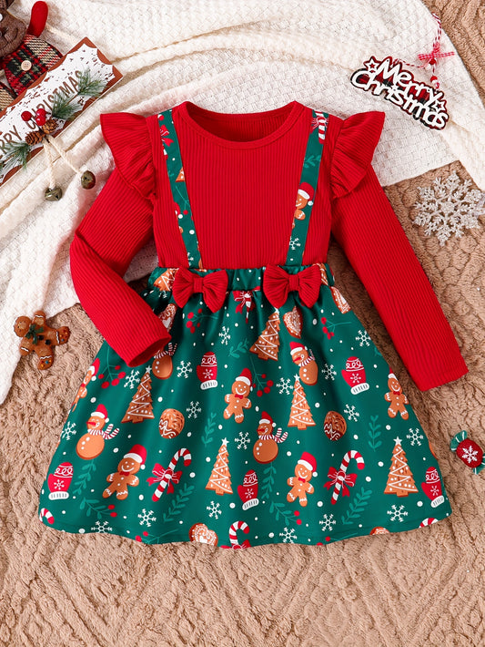 Girls' Festive Christmas Dress with Ruffle Trim & Bow - Snowman, Candy Cane & Tree Print - Perfect for Holiday Parties & Gifts, for Christmas, Autumn