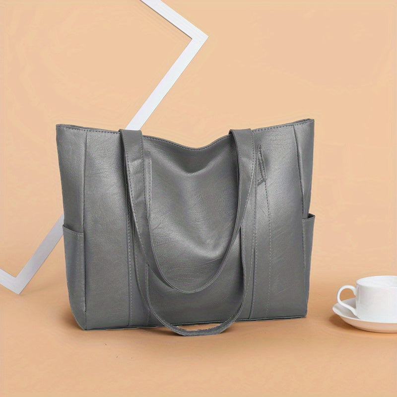 1pc Solid Color Durable Shoulder Bag, Large Capacity Trendy Handbag, PU Leather Zipper Portable Double Handle Tote Bag
