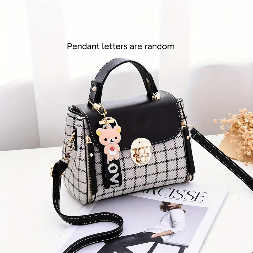 realaiot  Classic Plaid Pattern Handbag, Women Mini Crossbody Bag, Fashion Top Handle Buckle Flap Purse