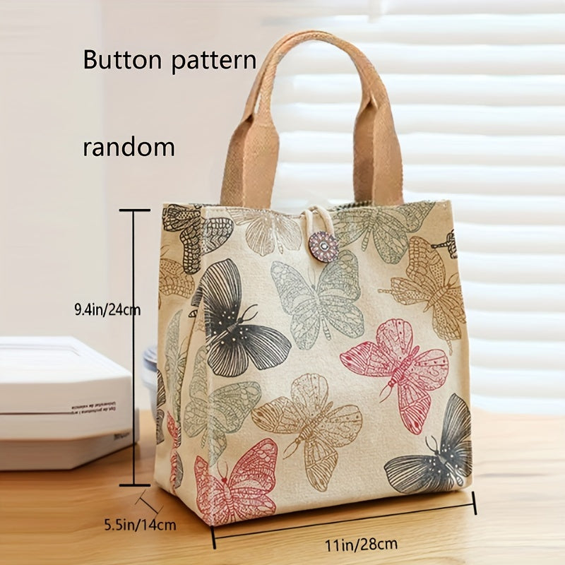 Aesthetic Butterfly Print Tote Bag, Portable Lunch Bento Bag, Perfect For School, Travel, Picnic, Office