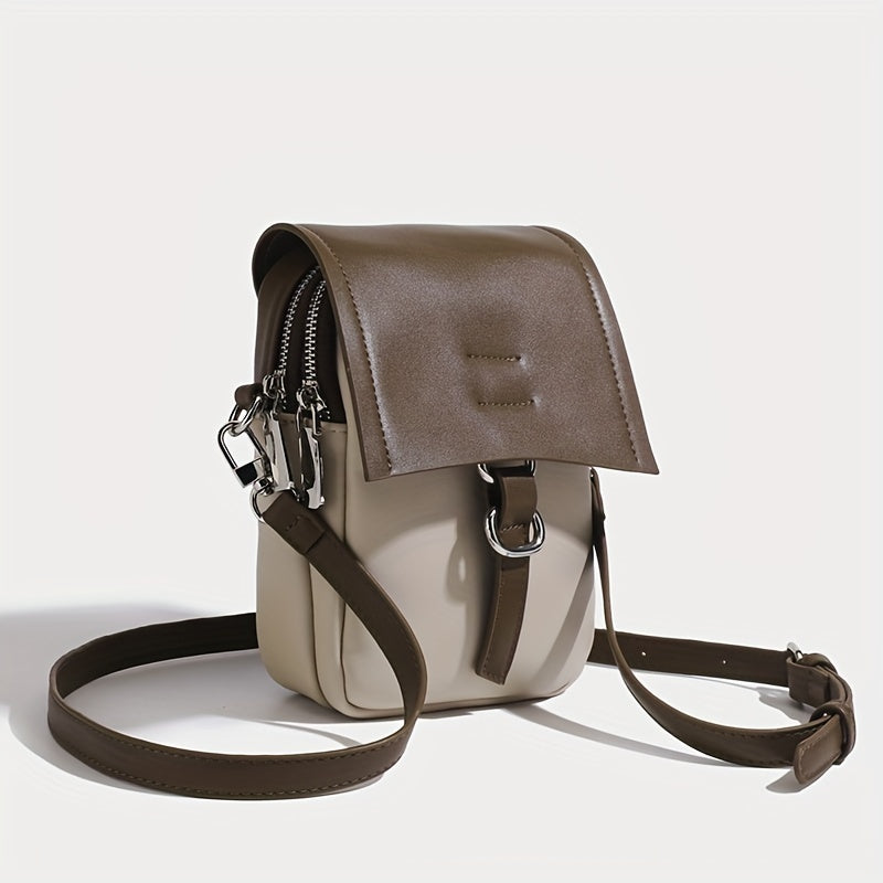 realaiot  Mini PU Leather Crossbody Bag, Versatile Mobile Phone Purse, Color Contrast Flap Shoulder Bag