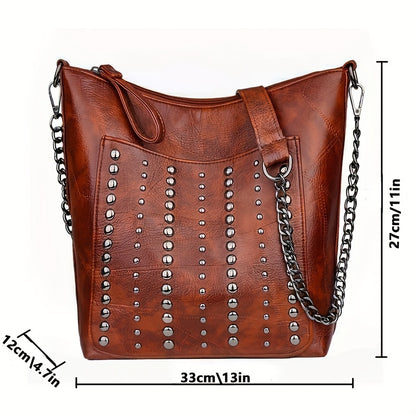 Vintage Style Studded Versatile Shoulder Bag, Rivet PU Leather Stylish Shoulder Bag, Large Capacity Zipper Punk Style Trendy Crossbody Bag