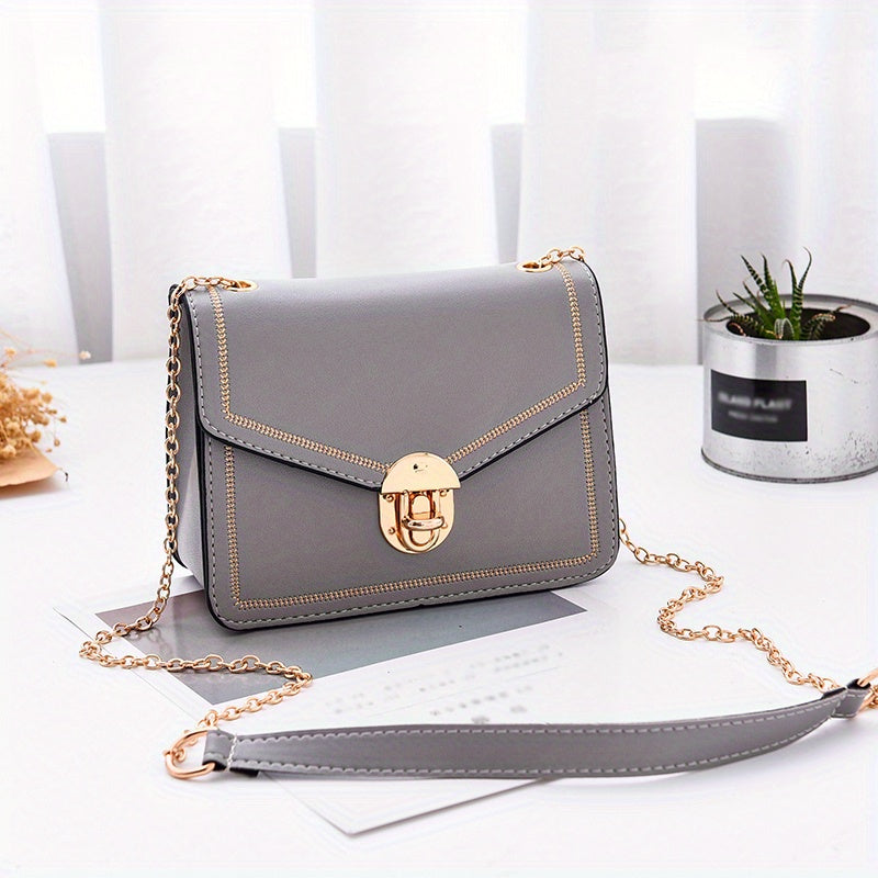 realaiot  Simple Design Square Shoulder Bag, Metal Chain Flap Shoulder Bag, Faux Leather Versatile Crossbody Bag