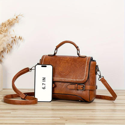 realaiot  Mini Buckle Detail Letter Bag, Graphic Flap Square Bag, Retro Preppy British Style Top Handle Bag