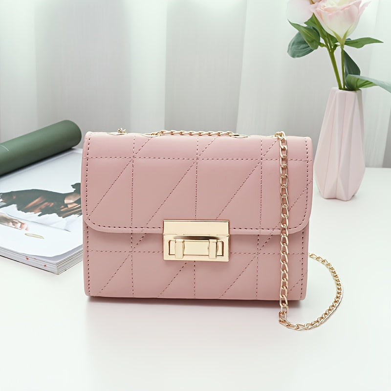 Fashion Chain Crossbody Bag, Argyle Quilted Shoulder Bag, Trendy Solid Color Square Handbag, Purse For Women