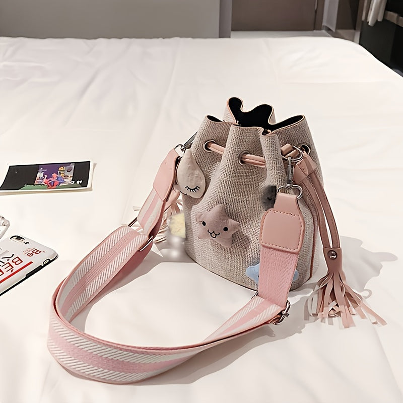 realaiot 2pcs/set Mini Cute Bucket Bag, Kawaii Drawstring Crossbody Bag, Women's Lovely Handbag, Shoulder Bag & Purse