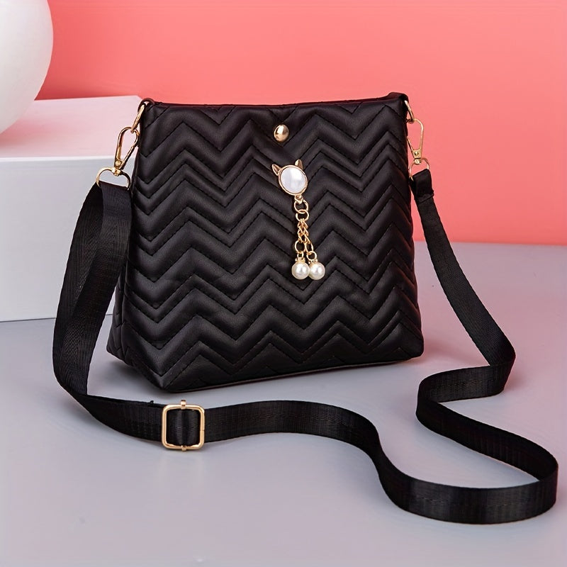 realaiot Wave Quilted Bucket Bag, Trendy Mini Crossbody Bag, Women's Shoulder Handbag & Purse