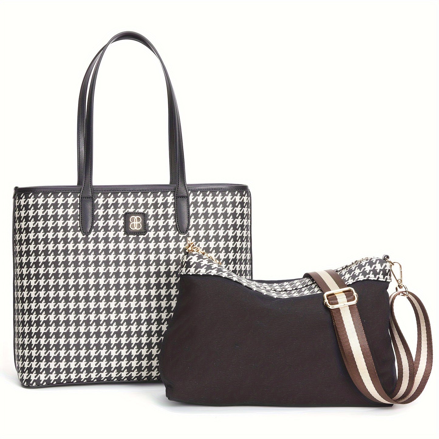 realaiot  Houndstooth Print Fashion Handbag Set, Large Capacity Top Handle Leather Shoulder Bag With Crossbody Purse, Commuter Bag