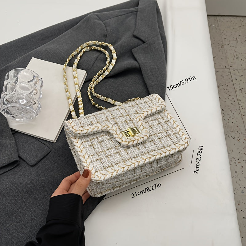 realaiot  Luxury Tweed Crossbody Bag, Women's Chain Shoulder Bag, Elegant Plaid Pattern Mini Square Purse