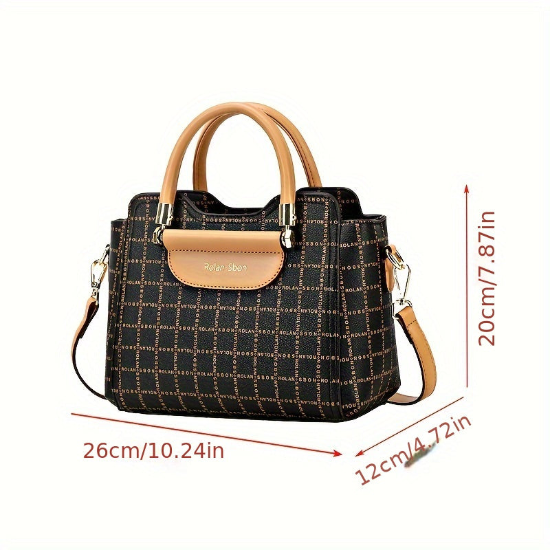 realaiotLetter Plaid Pattern Handbag, Colorblock Wide Strap Shoulder Bag, Retro Crossbody Bag Women Office & Work Purse