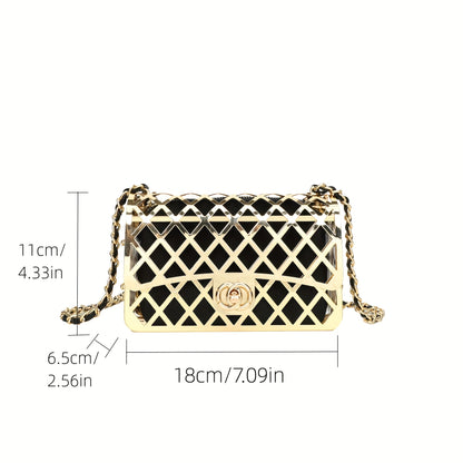 realaiot Elegant Metal Crossbody Bag For Women, Stylish Evening Purse With Chain Strap, Hollow Out Rhombus Shoulder Bag