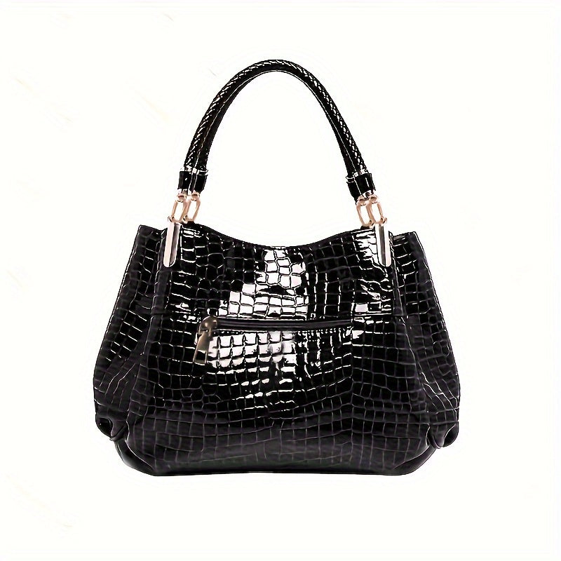 Elegant Crocodile Pattern Handbags, Patent Faux Leather Shoulder Bag, Fashion Ruched Office & Work Purses