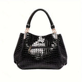 Elegant Crocodile Pattern Handbags, Patent Faux Leather Shoulder Bag, Fashion Ruched Office & Work Purses