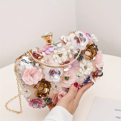 Mini Flower Decor Evening Bag, Elegant Rhinestone Clutch Bag, Women's Exquisite Dinner Bag For Party (19.99cmx11.0cmx4.5cm)