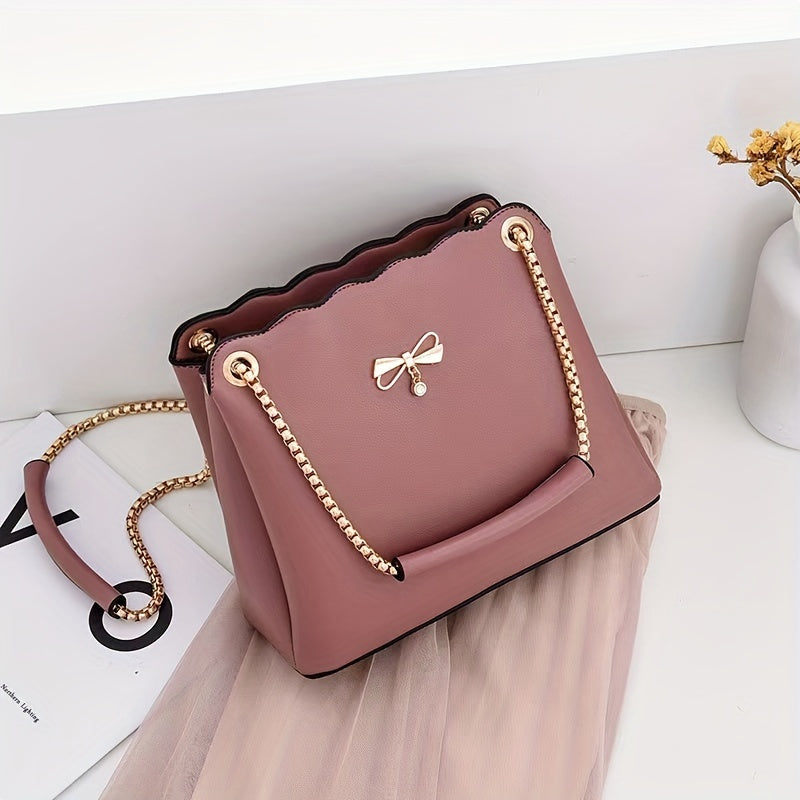 Fashion Chain Shoulder Bag, Wave Edge Crossbody Bag, Women's Mini Bow Decor Handbag & Purse