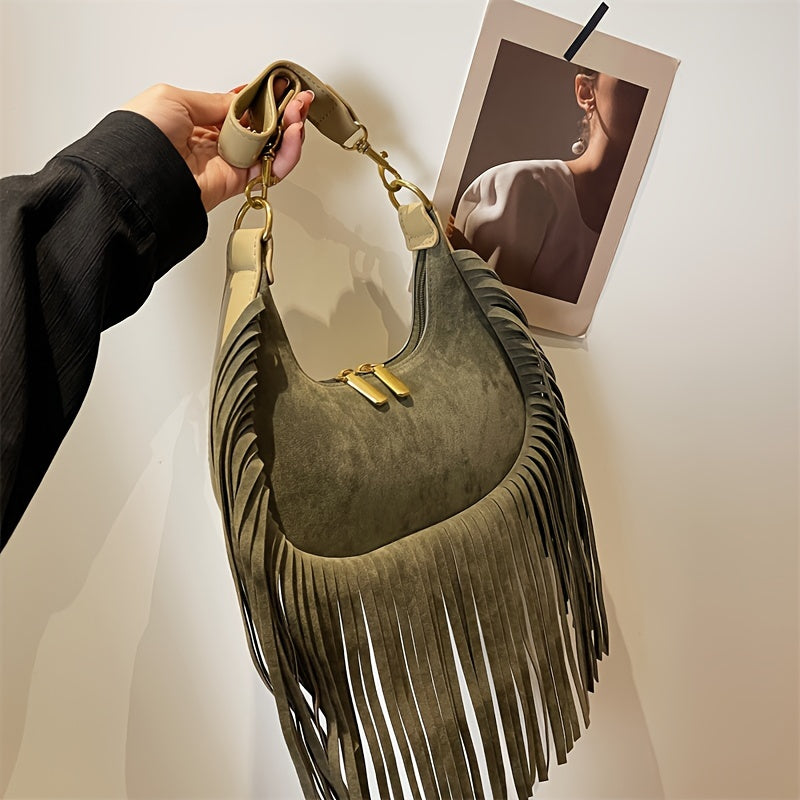 Retro Tassel Shoulder Bag, Bohemian Suede Crescent Bag, Trendy Fringed Handbag For Women
