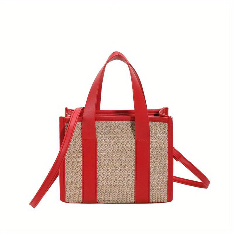 Fashion Straw Woven Tote Bag, Casual Colorblock Crossbody Bag, Boho Style Handbags For Travel Beach Holiday