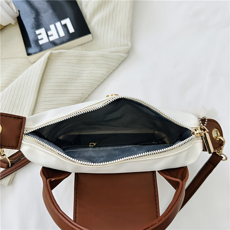 Trendy Pompom Decor Mini Crossbody Bag, Simple Solid Color Zipper Handbag, Perfect Shoulder Bag For Daily Use