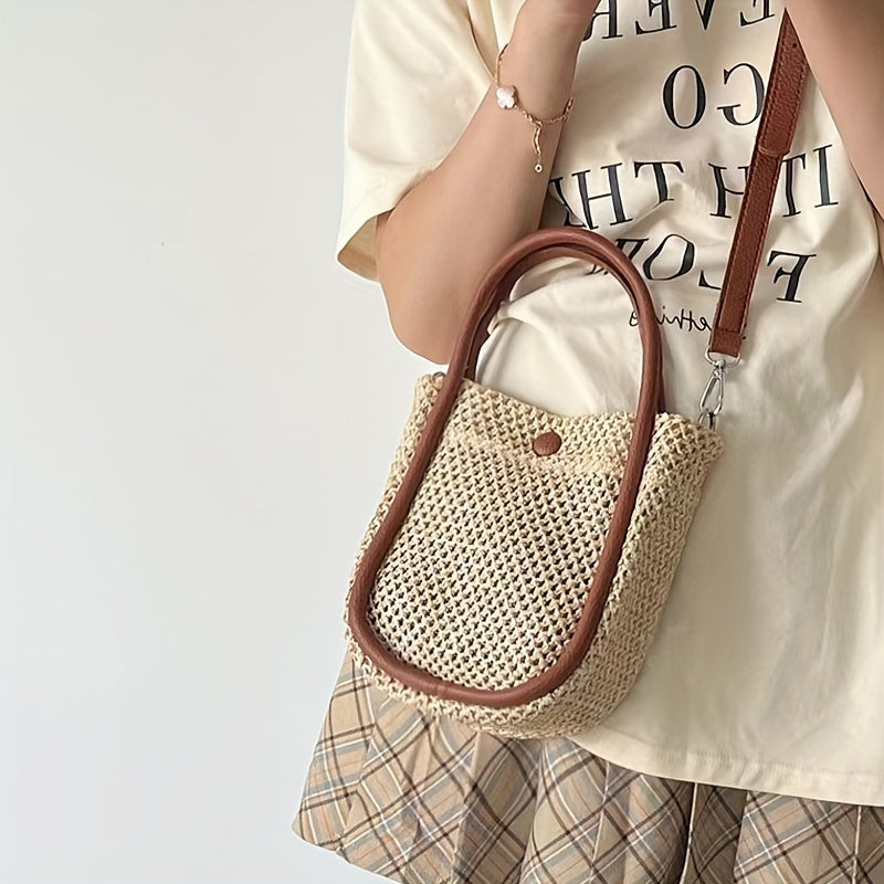 realaiot  Woven Straw Handbag With Inner Pouch, Trendy Summer Beach Bag, Women's Knitted Crossbody Bag (7.87*6.3*4.33) Inch