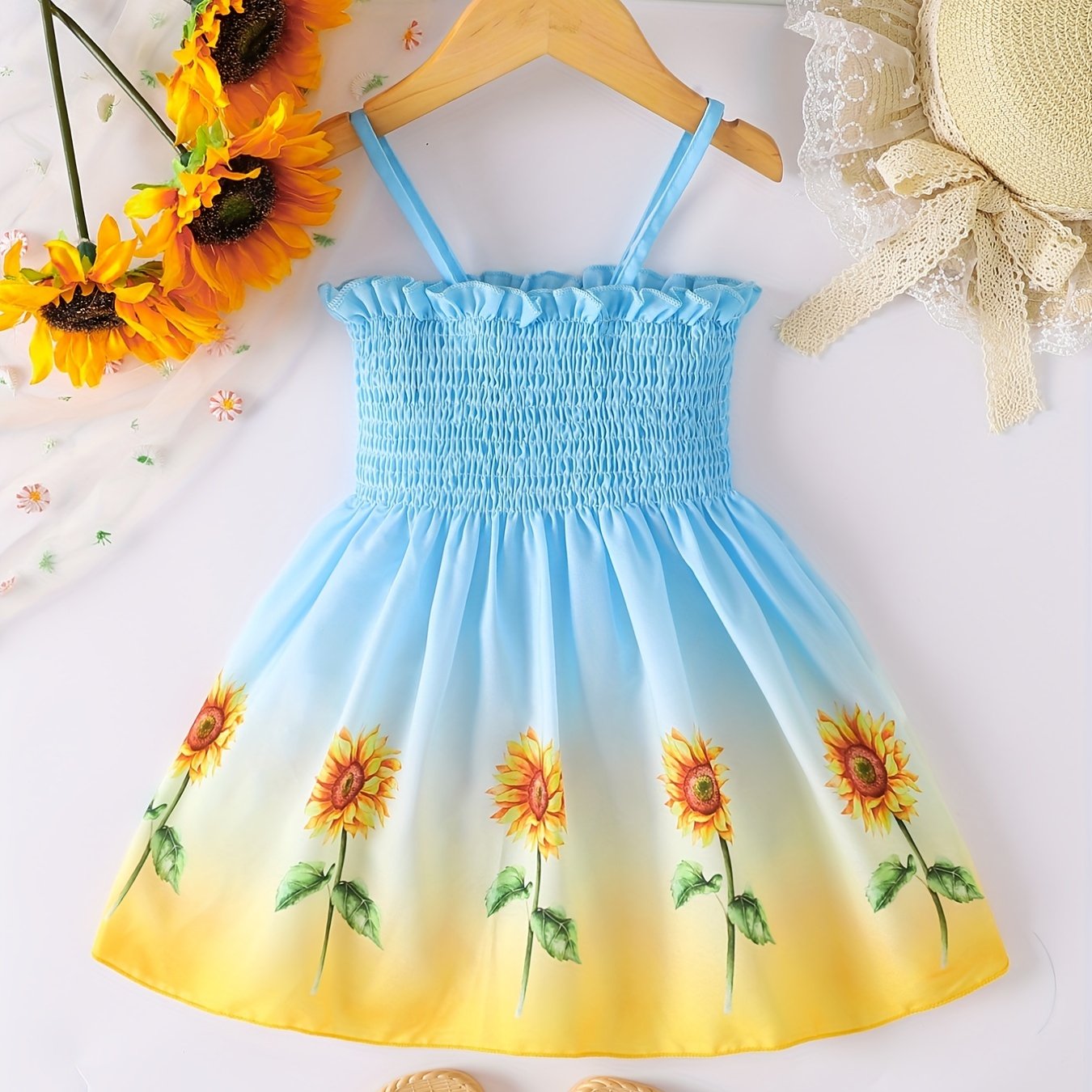 Toddler Girls Gradient Color Sunflower Graphic Frill Trim Shirred Cami Princess Dress For Party Beach Vacation Kids Summer Clothes 4th Of July Outfit